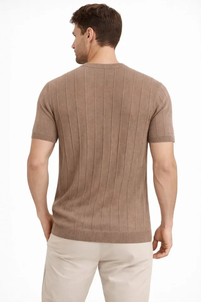 Erkek Yazlık Fitilli Triko Tişört Kısa Kol Bisiklet Yaka T-Shirt - Kahverengi