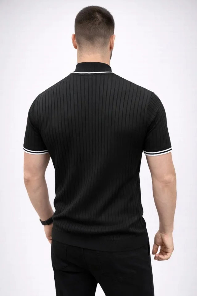 Erkek Fitilli Triko Dokuma Kısa Kol Tişört Yarım Boğaz Modern Yazlık T-Shirt - Siyah