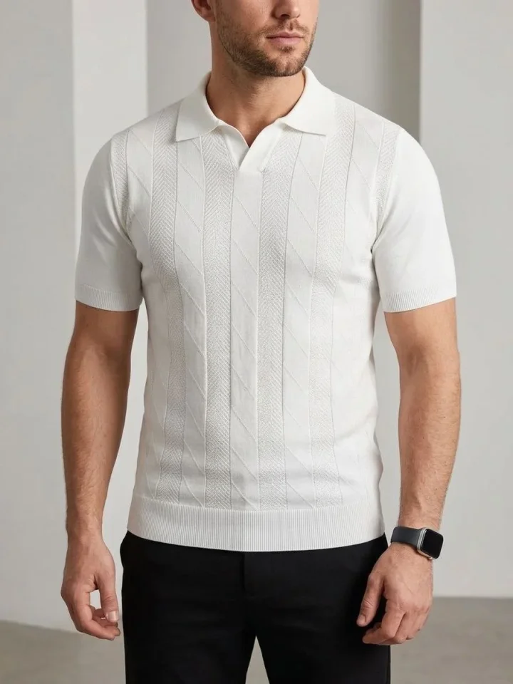 Erkek Yazlık Triko Dokuma Tişört Kısa Kol Polo Yaka T-Shirt - Beyaz