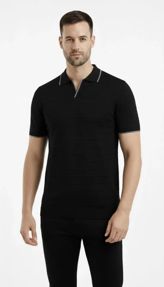 Erkek Triko Kumaş Yakalı Düğmesiz Açık Yaka Fitilli Kısa Kollu Regular Fit Tişört T-shirt - Siyah