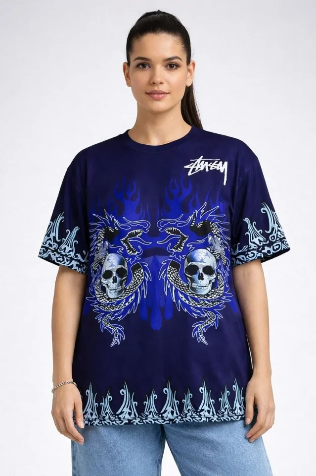 Lacivert Oversize Tişört Dragon - Kuru Kafa Baskılı Bisiklet Yaka T-Shirt - Lacivert