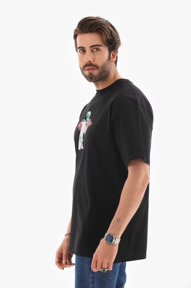 Unisex Bisiklet Yaka Baskılı Oversize T-Shirt - Siyah