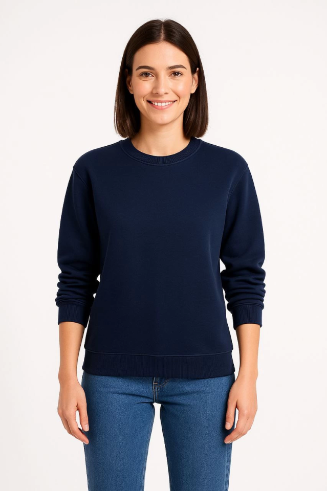 Üç İplik Düz Bisiklet Yaka SweatShirt - Lacivert