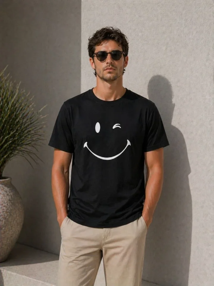 Erkek Minimal Gülümseyen Yüz Baskılı Tişört Kısa Kol Yazlık T-Shirt - Siyah