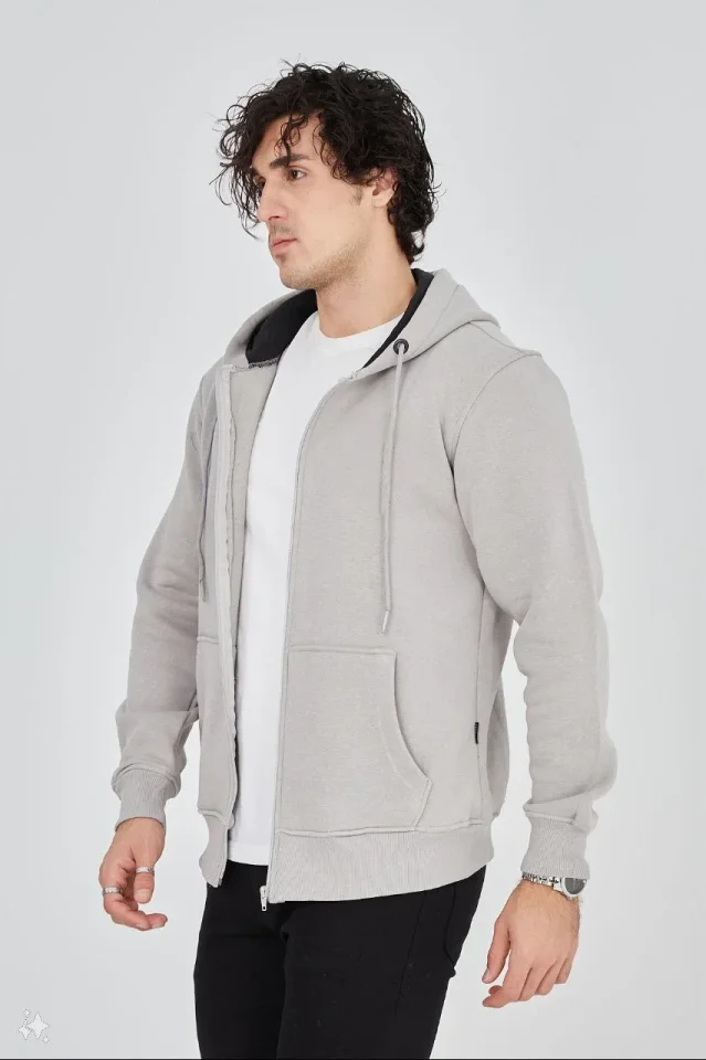 Unisex Tam Fermuarlı Kapşonlu SweatShirt - Boyalı Gri
