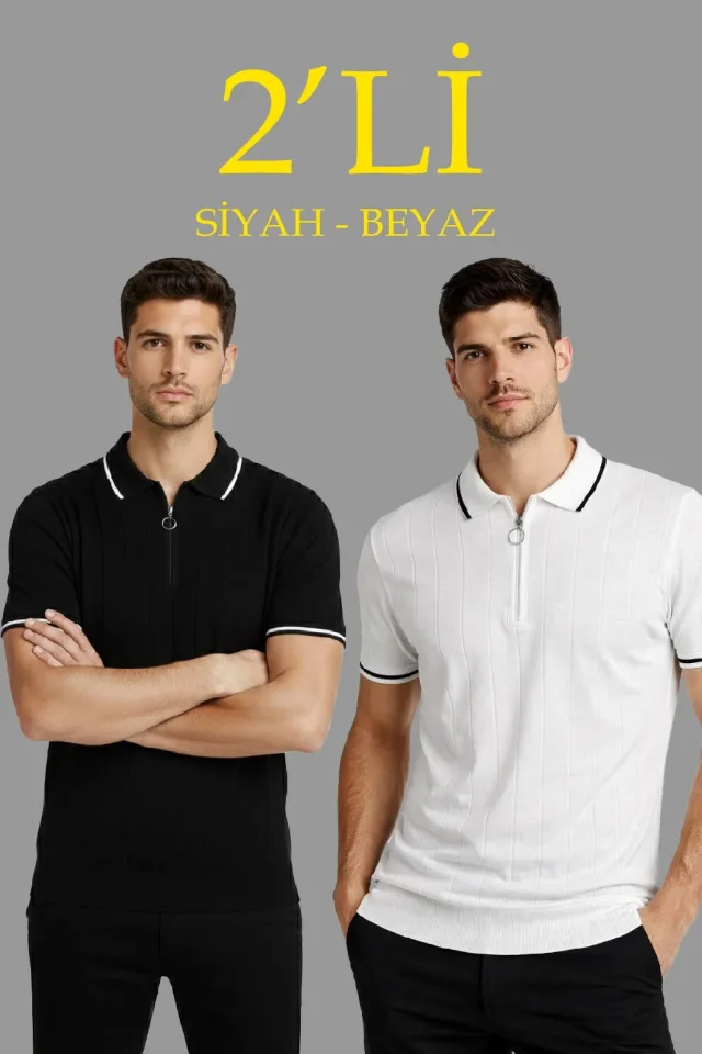 Erkek 2’li Paket Dokuma Triko Fermuarlı Yakalı Fitilli Kısa Kollu Regular Fit Tişört - Beyaz - Siyah