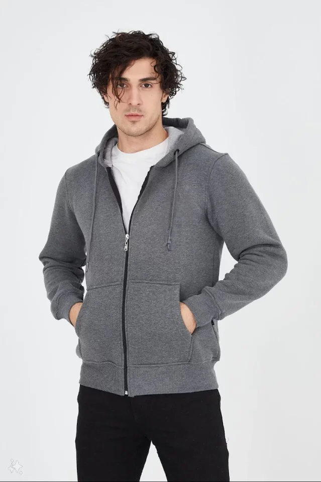 Unisex Tam Fermuarlı Kapşonlu SweatShirt - Füme