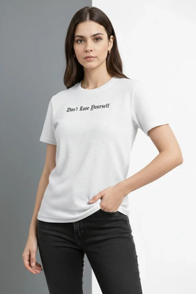 Wafıl Kumaş Tişört Regular Kalıp Bisiklet Yaka Baskılı Günlük Basic T-Shirt - Beyaz