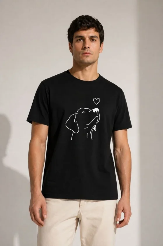 Erkek Köpek Figürlü Minimal Baskılı Tişört Kısa Kol Yazlık T-Shirt - Siyah