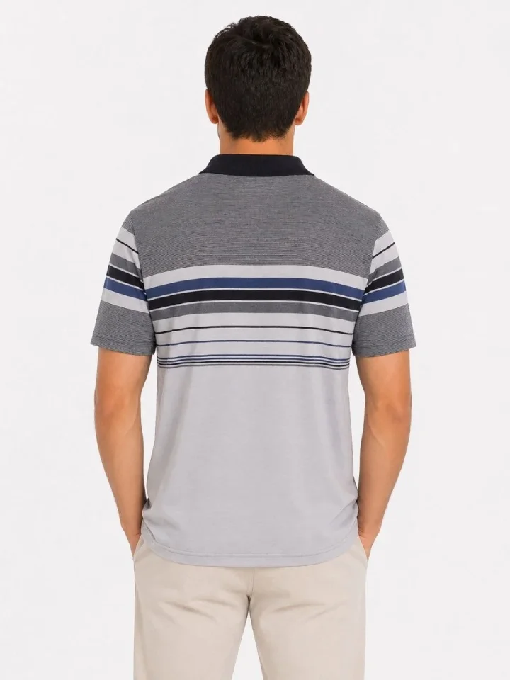 Erkek Flamlı Penye Çizgili Polo Yaka Tişört Kısa Kol Yazlık T-Shirt - Gri