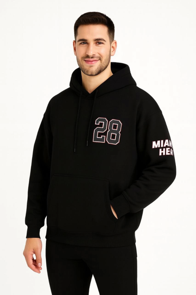 Üç İplik Kapüşonlu Ön Ve Arka Baskılı SweatShirt Hoodie - Siyah