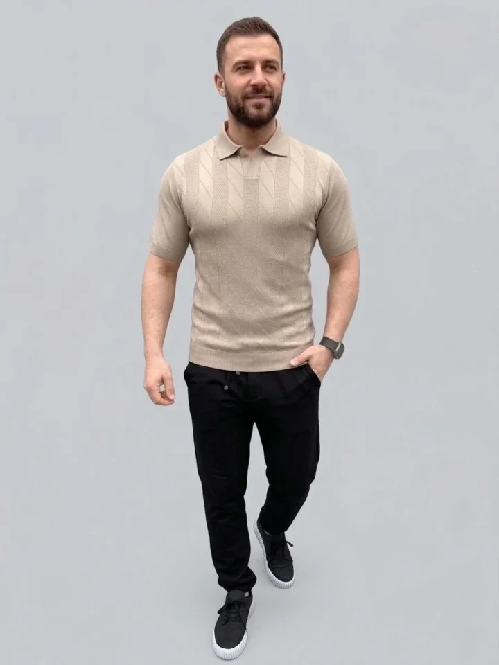 Erkek Yazlık Triko Dokuma Tişört Kısa Kol Polo Yaka T-Shirt - Bej