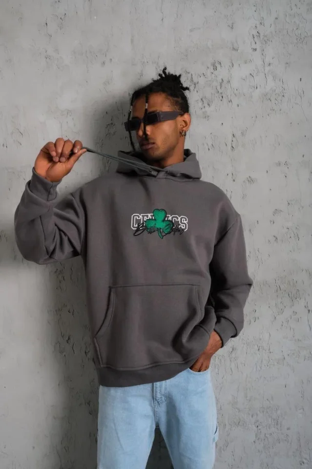 Erkek Baskılı Kapüşonlu Ve Kordon İpli Sweat - Gri