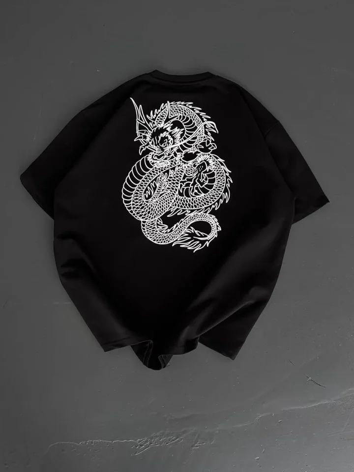 Baskılı Oversize Bisiklet Yaka T-shirt - Siyah