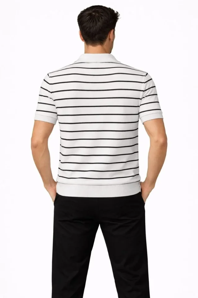 Erkek Triko Polo Yaka Fermuarlı Çizgili Tişört T-Shirt Yazlık Şık - Beyaz