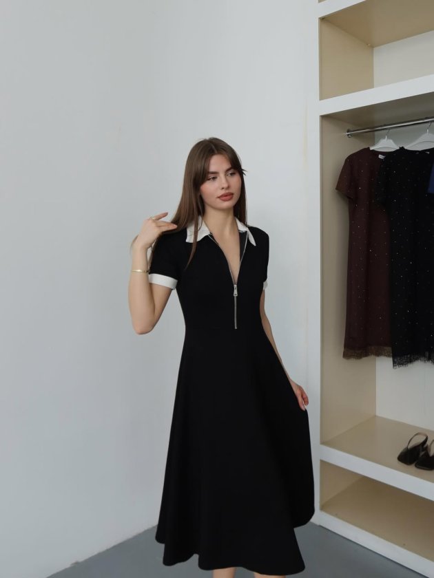 Kadın Polo Yaka Fermuar Detaylı Modal Midi Elbise