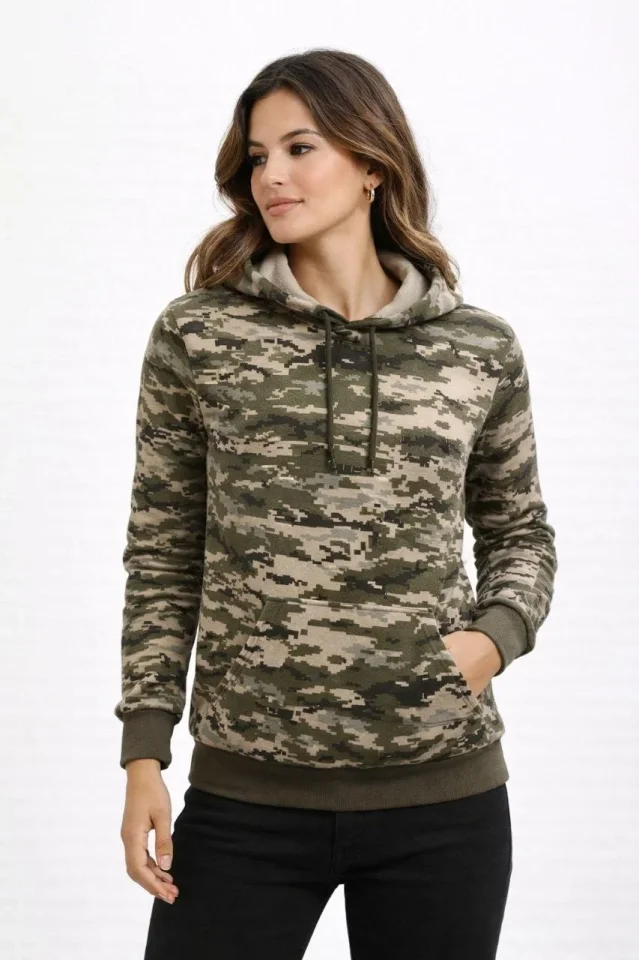 Kamuflaj Desenli 2 İplik 4 Mevsim Kapüşonlu Kanguru Cepli Hoodie Sweatshirt - Kamuflaj