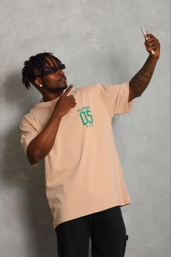 Erkek Baskılı T-Shirt Kısa Kol Bisiklet Yaka Regular Fit Rahat Kalıp Günlük Tişört - Bej