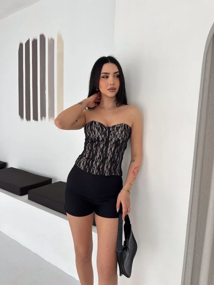 Fermuarlı Dantel Korse Straplez Bustiyer Transparan Şık Top - Bej