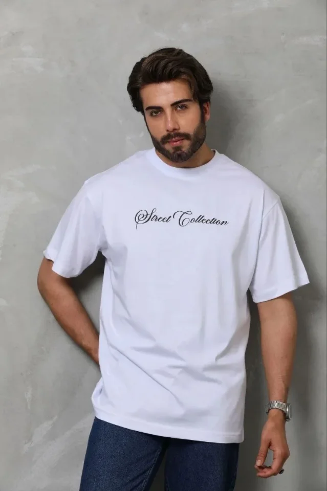 Erkek Baskılı T-Shirt Kısa Kol Bisiklet Yaka Regular Fit Rahat Kalıp Günlük Tişört - Beyaz