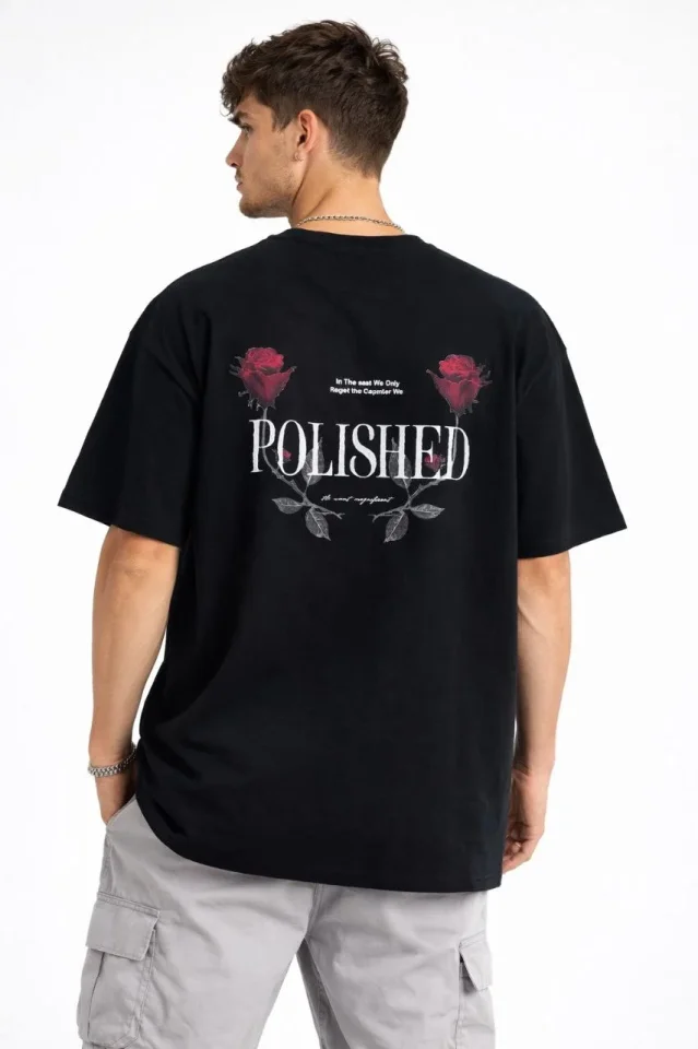 Erkek Bisiklet Yaka Baskılı Kısa Kollu Tişört Streetwear Günlük Basic Pamuklu T-shirt - Siyah