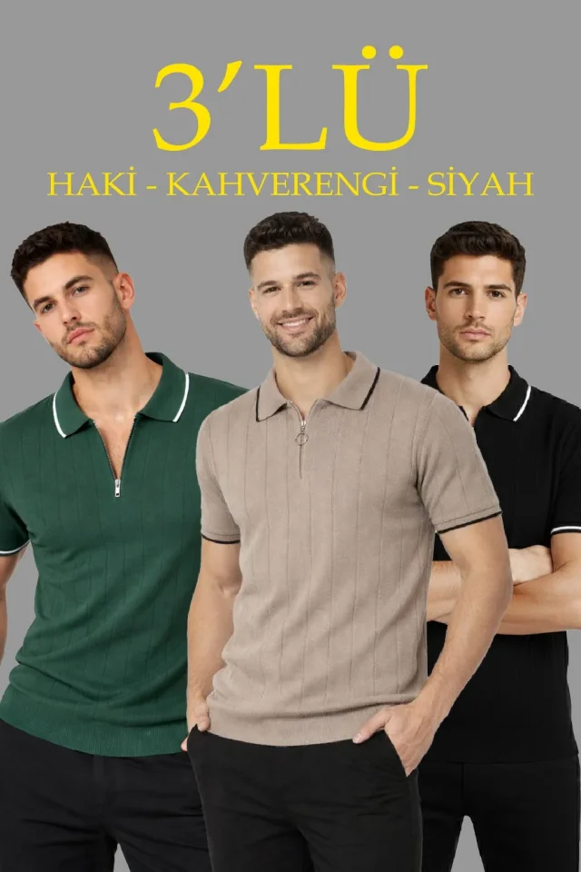 Erkek 3’lü Paket Dokuma Triko Fermuarlı Yakalı Fitilli Kısa Kollu Regular Fit Tişört - Kahverengi, Haki, Siyah