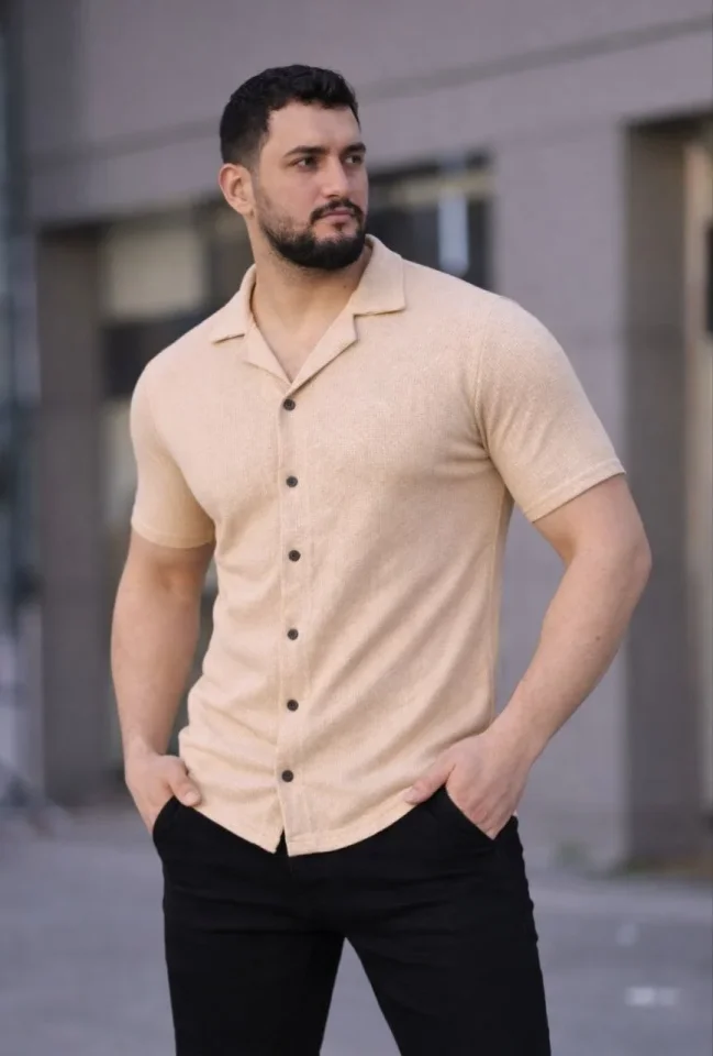 Erkek Waffle Dokuma Açık Yakalı Düğmeli Regular Kalıp 2’li Gömlek Seti - Haki - Bej
