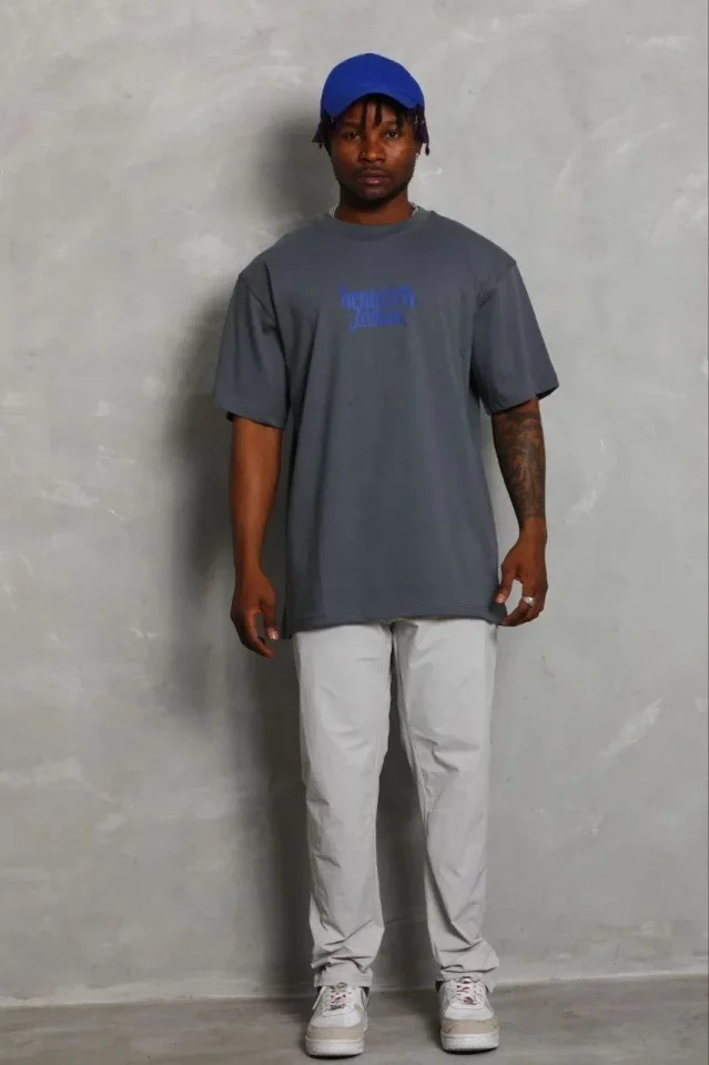 Erkek Baskılı T-Shirt Kısa Kol Bisiklet Yaka Regular Fit Rahat Kalıp Günlük Tişört - Füme