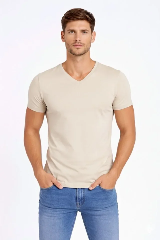 Erkek T-Shirt V Yaka Slim Fit Dar Kesim Likralı Tişört Günlük Basic Body - Taş