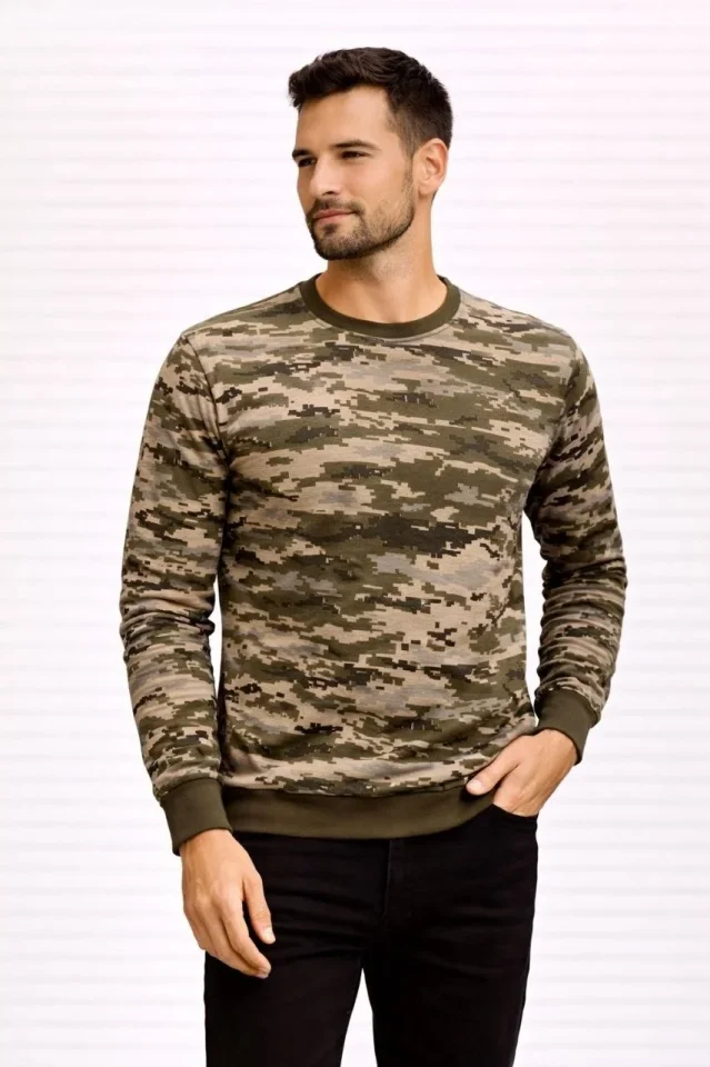 Erkek Kamuflaj Desenli 2 İplik 4 Mevsim Uzun Kollu Bisiklet Yaka Sweatshirt - Kamuflaj