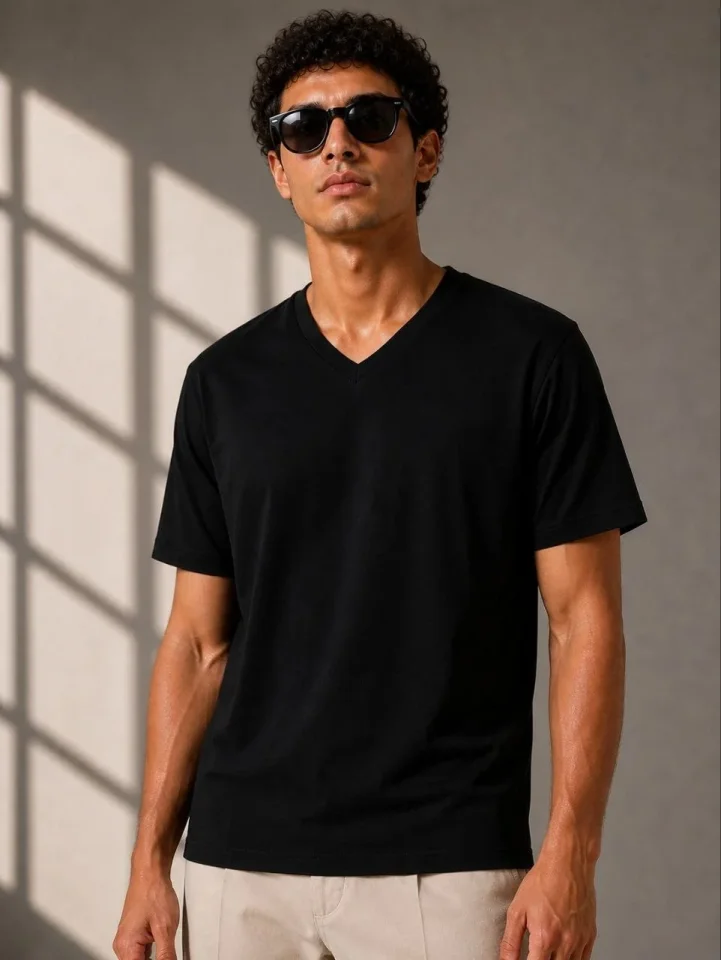 Erkek V Yaka Basic Tişört Kısa Kol Yazlık Regular Fit T-Shirt - Siyah