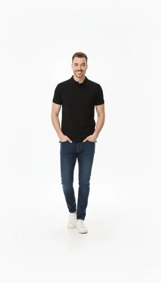 Erkek Pike Kumaş Düğmeli Yaka Regular Fit Günlük Kısa Kol Tişört T-shirt - Siyah