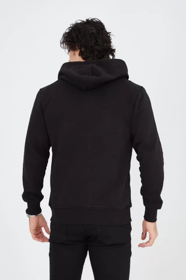 Unisex Tam Fermuarlı Kapşonlu SweatShirt - Siyah