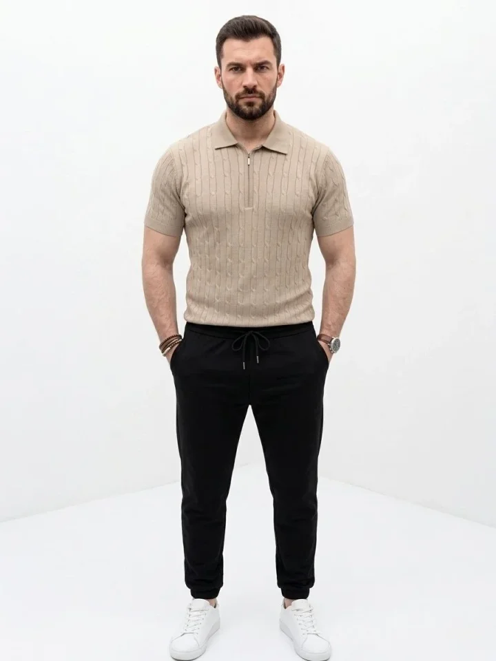 Erkek Yazlık Triko Saç Örgü Tişört Kısa Kol Polo Yaka Fermuarlı T-Shirt - Bej
