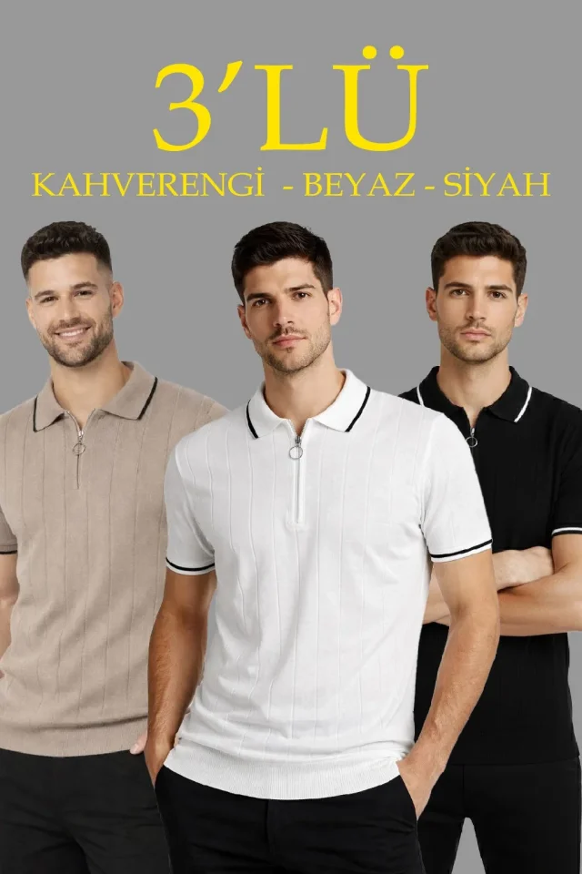Erkek 3’lü Paket Dokuma Triko Fermuarlı Yakalı Fitilli Kısa Kollu Regular Fit Tişört - Kahverengi, Beyaz, Siyah