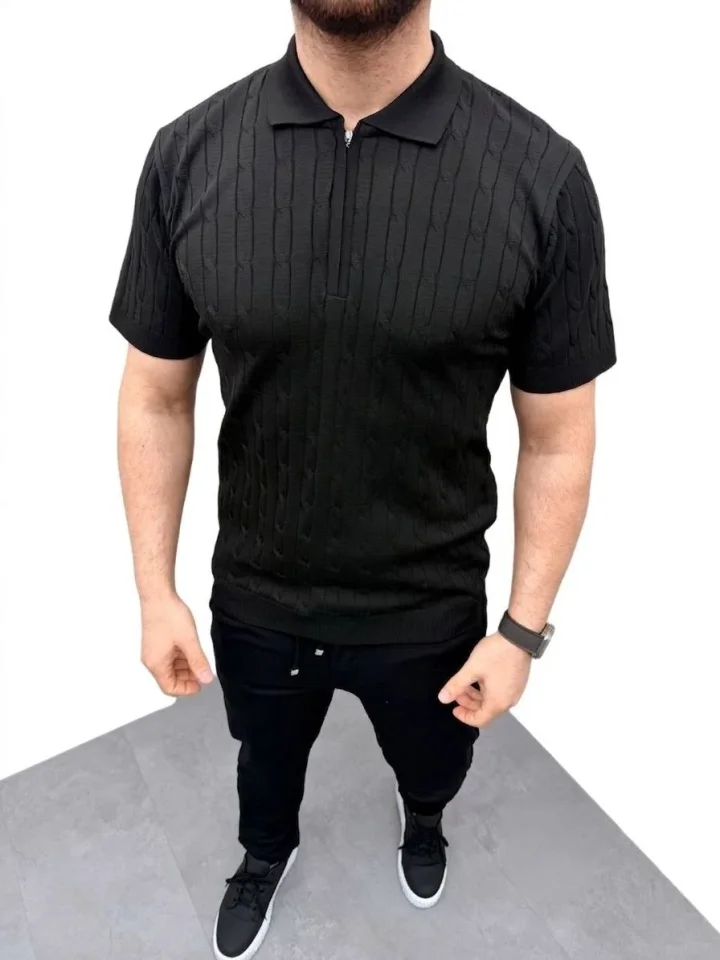 Erkek Yazlık Triko Saç Örgü Tişört Kısa Kol Polo Yaka Fermuarlı T-Shirt - Siyah