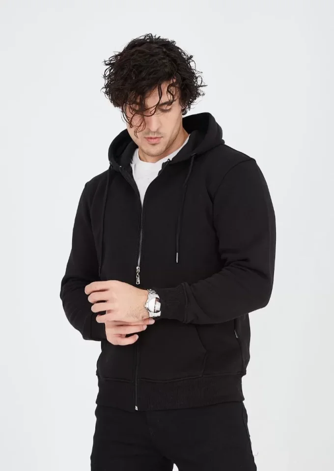 Unisex Tam Fermuarlı Kapşonlu SweatShirt - Siyah