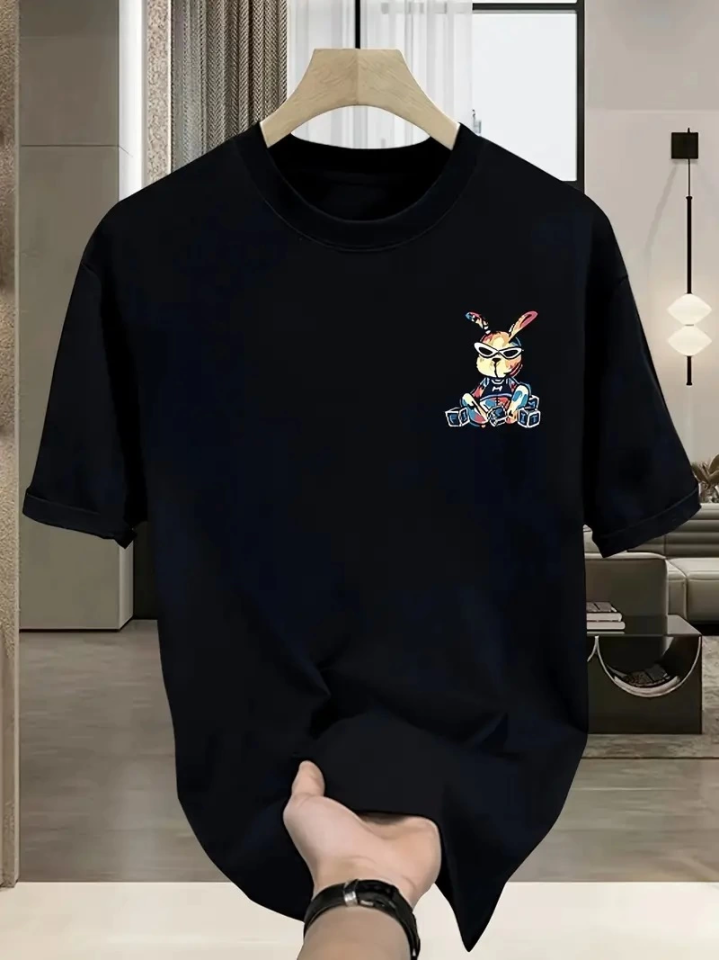 Baskılı Oversize Bisiklet Yaka T-shirt - Siyah