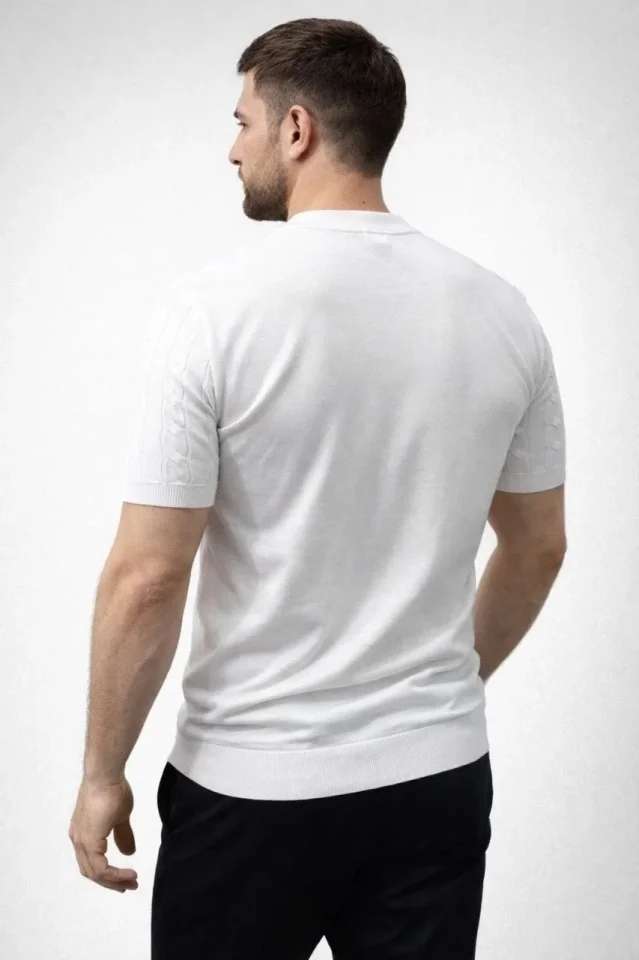 Erkek Yazlık Triko Dokuma Tişört Kısa Kol Bisiklet Yaka Örgü Desenli T-Shirt - Beyaz