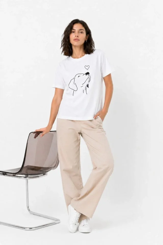 Köpek Figürlü Minimal Baskılı Tişört Kısa Kol Yazlık T-Shirt - Beyaz