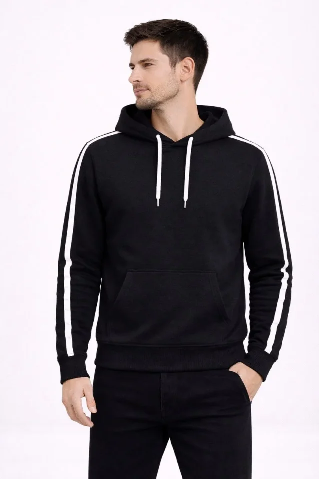 Erkek Şeritli Kapüşonlu Sweatshirt Oversize 3 Iplik Pamuklu - Siyah