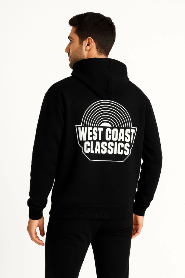 Erkek Üç İplik Kapüşonlu Ön Ve Arka Baskılı SweatShirt Hoodie - Siyah