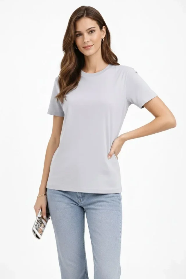 Bisiklet Yaka Tişört Regular Kalıp Basic Pamuklu Günlük Kullanım T-shirt - Gri