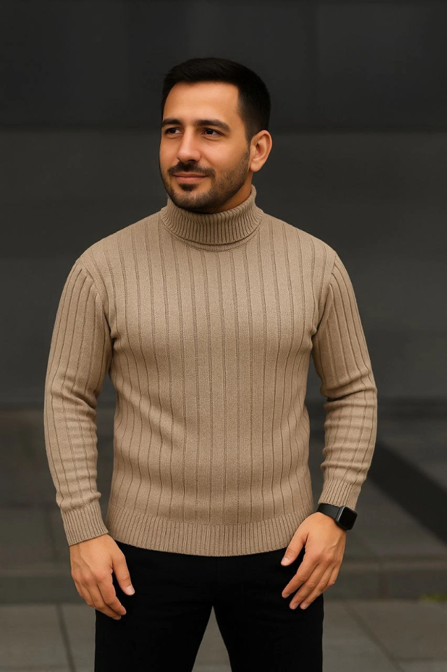 Erkek Fitilli Triko Kazak 3lÜ Set Bej Haki Siyah Regular Balıkcı Yaka Tam Boğazlı Triko Seti Modeli Kazak
