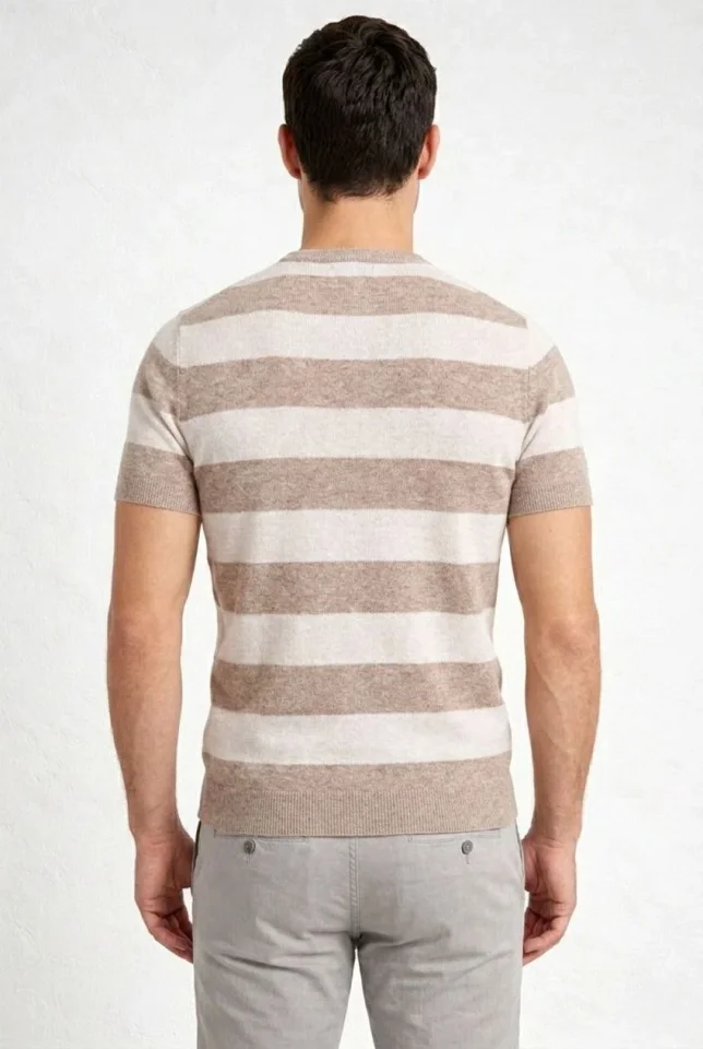 Erkek T-shirt Çizgili Triko Dokuma Bisiklet Yaka Tişört - Bej