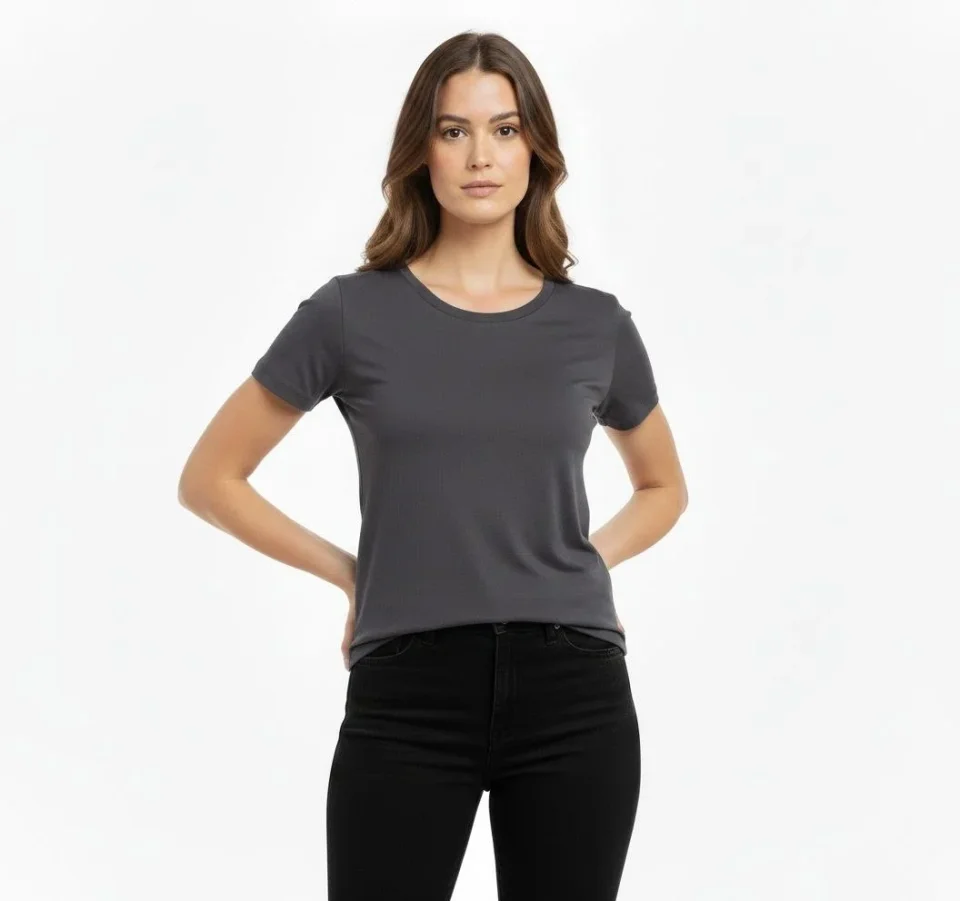 T-Shirt Bisiklet Yaka Slim Fit Likralı Tişört Günlük Basic Body - Füme
