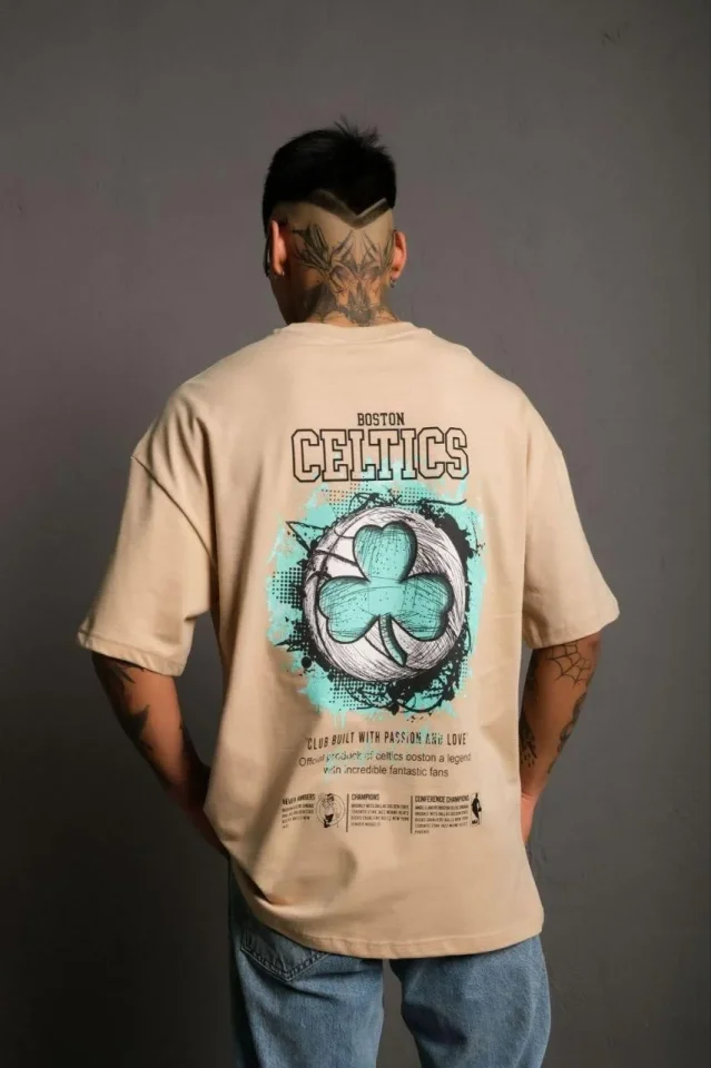 Erkek Sırt Baskılı T-shirt - Bej