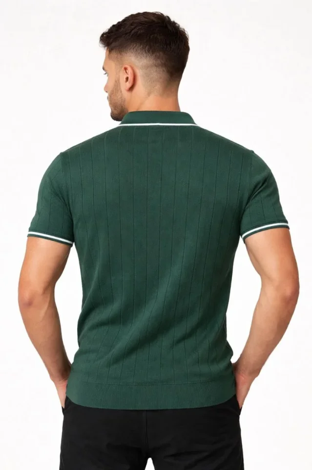 Erkek Fermuarlı Yaka Fitilli Triko Kısa Kollu Regular Fit Tişört T-shirt - Yeşil