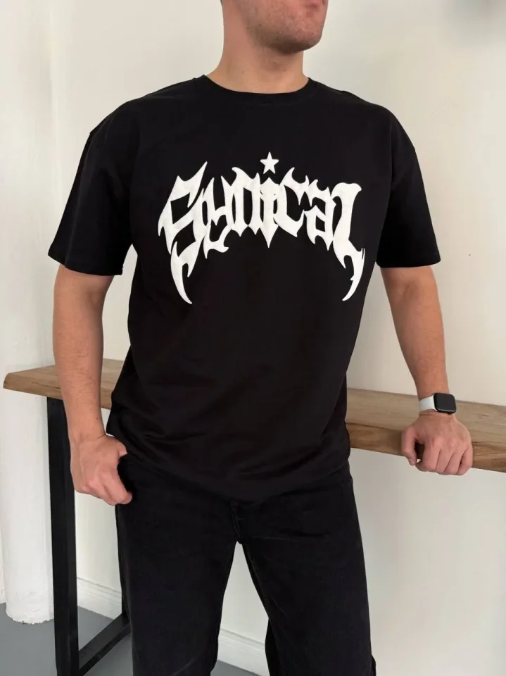 Erkek Bisiklet Yaka Ön Baskılı Kısa Kollu Tişört Streetwear Günlük Basic Pamuklu T-shirt - Siyah