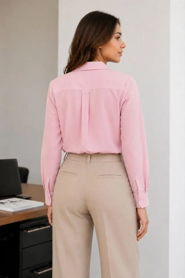 Uzun Kol Gömlek Düğmeli Klasik Yaka Günlük Ve Ofis Şıklığına Uygun - Toz Pembe
